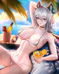 1girl alternate_costume arm_up bare_shoulders beach bikini black_horns black_nails blue_sky breasts choker collarbone commentary cup curled_horns day drinking_glass english_commentary food fruit grey_hair hair_between_eyes highres holding holding_cup horns large_breasts long_hair looking_at_viewer making-of_available mcdobo micro_bikini multicolored_hair nail_polish navel ocean orange_(fruit) orange_slice outdoors parted_lips red_eyes side-tie_bikini_bottom sitting sky solo stomach streaked_hair swimsuit white_bikini white_choker wuthering_waves zani_(wuthering_waves)