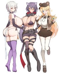 3girls absurdres animal_ear_fluff animal_ears baseball_cap bear_ears belt belt_buckle black-framed_eyewear black_belt black_boots black_choker black_panties blonde_hair blue_eyes boots bra breast_curtains breasts brown_jacket brown_shoes brown_skirt buckle cat_ears cat_girl choker chozgum cleavage collared_shirt commission crossed_belts elbow_gloves fake_animal_ears fingerless_gloves from_behind full_body gigantic_breasts glasses gloves hair_between_eyes hand_on_own_ass hat highres hood hood_down huge_breasts jacket large_breasts long_hair looking_at_viewer mole mole_on_breast multiple_girls multiple_thigh_straps navel one_eye_closed open_clothes open_jacket original panties pleated_skirt purple_hair purple_thighhighs red_eyes revealing_clothes round_eyewear scarf shirt shoes short_hair short_shorts shorts side-tie_panties sideboob single_thighhigh skindentation skirt spiked_choker spikes standing standing_on_one_leg straight-on string_panties swept_bangs tail thigh_strap thighhighs thighs tight_clothes tight_shirt torn_clothes torn_thighhighs underwear unworn_eyewear white_hair white_shirt white_thighhighs yellow_eyes