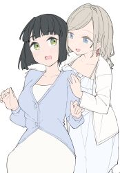Rule 34 | 2girls, :d, black hair, blue cardigan, blue eyes, blunt bangs, blunt ends, blush, bob cut, breasts, cardigan, ceras yanagida lilienfeld, ceras yanagida lilienfeld (summer loungewear), cleavage, collarbone, commentary request, cowboy shot, dress, frills, green eyes, grey hair, hair intakes, hair ribbon, highres, large breasts, link! like! love live!, liz (piyoko piyop), long hair, looking at another, love live!, momose ginko, momose ginko (summer loungewear), multiple girls, official alternate costume, open cardigan, open clothes, open mouth, peanut mouth, pink ribbon, ribbon, short hair, simple background, sleeveless, sleeveless dress, smile, spaghetti strap, standing, virtual youtuber, white background, white cardigan, white dress