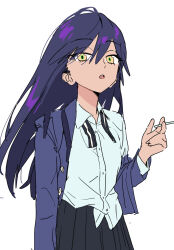 1girl :o black_skirt blue_jacket collared_shirt green_eyes gundam gundam_gquuuuuux hair_between_eyes hand_up highres jacket long_hair long_sleeves nyaan_(gundam_gquuuuuux) open_clothes open_jacket open_mouth parted_lips pleated_skirt purple_hair school_uniform shirt simple_background skirt solo some1else45 white_background white_shirt