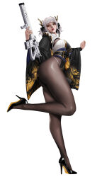 1girl absurdres ass black_kimono black_ribbon black_shoes blanc_(nikke) blanc_(white_rabbit)_(nikke) bodystocking breasts from_side full_body goddess_of_victory:_nikke gun hair_ribbon high_heels highres holding holding_gun holding_weapon incredibly_absurdres japanese_clothes jumo kimono lips long_sleeves medium_breasts nose official_alternate_costume parted_lips red_lips ribbon rifle shoes short_kimono simple_background solo standing standing_on_one_leg two-tone_kimono weapon white_background white_hair wide_sleeves yellow_eyes