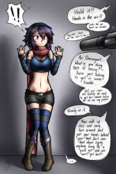 Rule 34 | 1girl, blue hair, boots, crop top, ella (magnolia-baillon), highres, magnolia-baillon, midriff, navel, original, scarf, short hair, short shorts, shorts, striped clothes, striped thighhighs, sweat, sweatdrop, thighhighs, worried