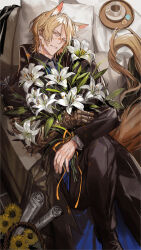 1boy animal_ears arknights basket black_coat black_pants black_shoes blonde_hair bouquet coat coffee collared_coat collared_shirt couch cup cushion extra_ears flower foot_out_of_frame gauntlets grey_necktie grey_shirt hair_strand highres holding holding_bouquet horse_boy horse_ears horse_tail knee_up lily_(flower) long_sleeves looking_at_viewer lying male_focus mlynar_(arknights) nana_tetra necktie newspaper on_back on_couch open_clothes open_coat orange_ribbon paint_splatter paint_splatter_on_face pants parted_bangs parted_lips ribbon rolled_up_newspaper saucer shirt shoes short_hair single_gauntlet solo sunflower tail tray white_flower white_lily yellow_eyes yellow_flower