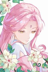 1girl alien_stage arm_cutout chinese_commentary clematis_(flower) closed_mouth commentary flower forehead_jewel from_side half_updo highres long_hair looking_down meikezhen mizi_(alien_stage) pink_hair portrait solo yellow_eyes