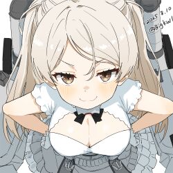 1girl absurdres adapted_turret armpit_cutout bigkwl blush breasts brown_eyes cannon cleavage cleavage_cutout clothing_cutout conte_di_cavour_(kancolle) conte_di_cavour_nuovo_(kancolle) corset dated dress frilled_dress frills gloves grey_dress grey_hair highres kantai_collection large_breasts layered_dress long_hair machinery rigging ship_turret smokestack solo twitter_username two-tone_dress two_side_up white_background white_dress white_gloves