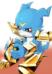 absurdres armor blue_skin colored_skin cosplay digimental_of_miracles digimon digimon_(creature) dragon full_body gold_armor hasegawa_(hase_popopo) highres magnamon magnamon_(cosplay) red_eyes shoulder_armor simple_background sitting solo v-mon white_background