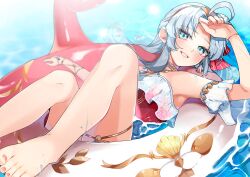 1girl absurdres ahoge aqua_eyes arm_up bare_legs bare_shoulders barefoot blush breasts carlotta_(splashing_summer)_(wuthering_waves) carlotta_(wuthering_waves) commentary_request feet fingernails grey_hair highres innertube legs long_hair looking_at_viewer nail_polish official_alternate_costume parted_bangs parted_lips partially_submerged pink_nails small_breasts smile solo swim_ring toes usako_(usako1031) wuthering_waves
