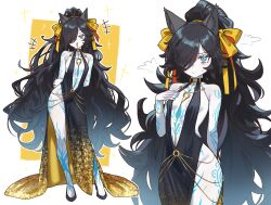 1girl :&gt; :/ absurdres animal_ears arms_behind_back bare_arms bare_shoulders black_dress black_hair black_shoes blue_eyes blue_nails blue_tattoo breasts cat_ears cat_girl closed_mouth colored_skin commentary contrapposto dark_kasli_(nyanko_daisensou) dress ebora english_commentary evening_gown gold gold_dress gradient_clothes gradient_dress hair_over_one_eye halter_dress halterneck high_heels high_ponytail highres long_hair looking_at_viewer multiple_views nail_polish no_panties nyanko_daisensou o-ring open_mouth ponytail shoes small_breasts smile sweatdrop swept_bangs very_long_hair wavy_hair white_skin