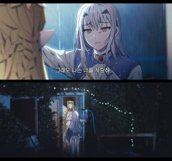 Rule 34 | 2girls, aurora (fate), blonde hair, bobi, braid, butterfly wings, carried away, fate/grand order, fate (series), hair between eyes, highres, holding, holding hose, hose, insect wings, long hair, looking at viewer, melusine (fate), melusine (second ascension) (fate), multiple girls, parody, pointy ears, wings, yellow eyes