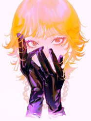 1girl bead_necklace beads black_gloves blending commentary gloves hands_on_own_face highres jewelry john_kafka mole mole_under_eye necklace orange_hair original purple_eyes solo symbol-only_commentary upper_body