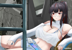1girl absurdres ahoge armpits artist_name bare_shoulders black_hair bra bra_peek breasts cleavage cleavage_cutout clothing_cutout colored_inner_hair commentary cowboy_shot detached_sleeves dinosaur_footprints door english_commentary glasses goddess_of_victory:_nikke halterneck highres indoors jurassic_park kapushino ladder large_breasts leaning_back long_hair long_sleeves looking_at_viewer meme midriff moran_(nikke) moran_(off-duty_queen)_(nikke) multicolored_hair navel official_alternate_costume official_alternate_hairstyle open_fly partially_unbuttoned red_hair round_eyewear ruins see-through_clothes see-through_shirt shirt short_shorts shorts sidelocks sleeves_past_wrists solo streaked_hair thighhighs turtleneck underwear