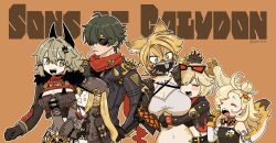 1boy 5girls anger_vein animal_ears black_hair black_jacket blonde_hair breasts burnice_white caesar_king_(zenless_zone_zero) closed_eyes closed_mouth commentary crop_top english_text eyewear_on_head furry furry_female gloves goggles goggles_around_neck green_eyes grey_hair hair_between_eyes hair_ornament helmet highres hug jacket large_breasts lighter_(zenless_zone_zero) long_hair luciana_de_montefio mask mask_around_neck multiple_girls open_mouth piper_wheel popochi_fuwa pulchra_fellini red_scarf scarf shirt side_ponytail spiked_jacket sunglasses symbol-only_commentary tail torn_clothes torn_scarf twitter_username yawning zenless_zone_zero