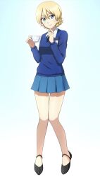 Rule 34 | 1girl, adapted costume, bare legs, black necktie, black shoes, blonde hair, blue background, blue eyes, blue skirt, blue sweater, blush, braid, collared shirt, commentary, cup, darjeeling (girls und panzer), girls und panzer, gradient background, highres, holding, holding cup, knees together feet apart, long sleeves, looking at viewer, miniskirt, necktie, omachi (slabco), pantyhose, pleated skirt, school uniform, shirt, shoes, skirt, smile, st. gloriana&#039;s school uniform, sweater, teacup, thighhighs, unworn pantyhose, white shirt