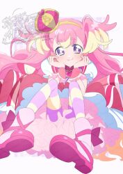 Rule 34 | 1girl, :3, blonde hair, boots, border, bow, bowtie, bright pupils, brooch, closed mouth, colored tips, commentary request, crown, cure wonderful, dot nose, dress, eyelashes, footwear bow, frilled wrist cuffs, frills, full body, hairband, hands on own cheeks, hands on own face, hat ornament, heart, heart brooch, heart hat ornament, highres, inukai komugi, jewelry, light blush, long hair, loose hair strand, magical girl, mini crown, miniskirt, multicolored hair, outside border, pantyhose, petticoat, pink boots, pink bow, pink brooch, pink crown, pink dress, pink eyes, pink hair, pink pantyhose, pink wrist cuffs, precure, puffy short sleeves, puffy sleeves, purple background, purple bow, purple bowtie, serizawa serizane, short dress, short sleeves, signature, single stripe, sitting, skirt, skirt under dress, smile, solo, streaked hair, striped background, striped bow, striped bowtie, striped clothes, striped pantyhose, tareme, twitter username, two-tone hair, two-tone pantyhose, two side up, vertical-striped background, very long hair, watermark, watermark grid, white border, white skirt, white sleeves, wonderful precure!, wrist cuffs, yellow hairband, yellow pantyhose, yellow pupils