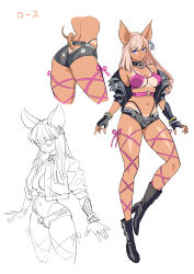 Rule 34 | 1girl, absurdres, animal ears, ass, ass cutout, black choker, blonde hair, blue eyes, bracelet, butt crack, reference sheet, choker, clothing cutout, fingerless gloves, gloves, highres, jacket, jewelry, journey to the west, leather, leather jacket, long hair, murata yuusuke, navel, open clothes, open jacket, original, pig ears, pig girl, pig nose, pig tail, pink ribbon, ribbon, rose (zaiyuki), simple background, sketch, solo, tail, tan, tanline, white background, zaiyuki, zhu bajie