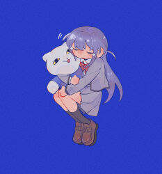 Rule 34 | 1girl, black socks, blue background, blush, bow, bowtie, brown shoes, chinese commentary, closed eyes, collared shirt, commentary request, grey jacket, grey skirt, hands up, highres, holding, holding stuffed toy, hugging doll, hugging object, invisible chair, jacket, kneehighs, legs together, loafers, long hair, long sleeves, miniskirt, motion lines, nose blush, open clothes, open jacket, parted lips, pleated skirt, purple hair, red bow, red bowtie, rei931218, school uniform, seishou music academy uniform, shirt, shoes, shoujo kageki revue starlight, sidelocks, simple background, sitting, skirt, socks, solo, stuffed animal, stuffed cat, stuffed toy, tearing up, tsuyuzaki mahiru, very long hair, white shirt