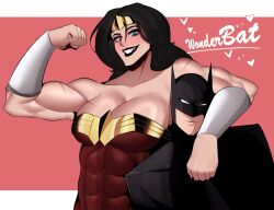 1boy 1girl arm_around_neck armlet batman batman_(series) black_cape black_hair bodysuit breasts bruce_wayne cape couple dc_comics diana_prince jewelry jso large_breasts muscular muscular_female wonder_woman wonder_woman_(series)