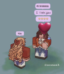 2girls :3 balloon blonde_hair brown_hair claire_francois heart_balloon holding holding_balloon long_hair multiple_girls rae_taylor ralaire roblox school_uniform slime_(creature) t4yl0r712 watashi_no_oshi_wa_akuyaku_reijou yuri