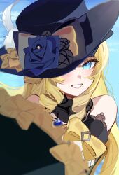 1girl absurdres bare_shoulders black_hat blonde_hair blue_eyes blue_flower blue_rose blush commentary_request flower genshin_impact grin hat hat_flower highres long_hair looking_at_viewer navia_(genshin_impact) niiro_229 rose smile solo upper_body