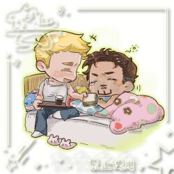 Rule 34 | +++, 2boys, animal slippers, animification, avengers (series), bare shoulders, blanket, blonde hair, blue pants, blush, brown hair, captain america, chibi, chibi only, closed eyes, coffee, collarbone, commission, cup, drinking glass, facial hair, floral print, food, highres, holding, holding food, holding sandwich, holding tray, iron man, lying, male focus, marvel, marvel cinematic universe, messy hair, multiple boys, no shoes, on bed, on side, open mouth, pants, pillow, sandwich, shajiang144584, short hair, simple background, sleepy, slippers, smile, socks, star (symbol), steve rogers, stuffed toy, sun symbol, tank top, tearing up, teeth, tony stark, tray, tsum-tsum, v-shaped eyebrows, white background, white slippers, white socks, white tank top, yaoi