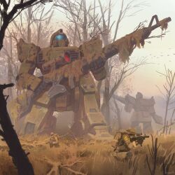 Rule 34 | 2boys, absurdres, backpack, bag, camouflage netting, earth federation, forest, gm sniper, grass, gun, gundam, gundam 08th ms team, highres, holding, holding gun, holding weapon, icemarv14, mecha, mecha focus, military combat uniform, military uniform, multiple boys, nature, rifle, robot, science fiction, tree, weapon