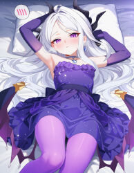 1girl absurdres arm_behind_head arm_up armpits artistic_error bat_wings bed_sheet black_horns black_wings blue_archive blue_gemstone blush closed_mouth commentary_request dress earrings elbow_gloves gem gloves highres hina_(blue_archive) hina_(dress)_(blue_archive) horns jewelry karaage_(xxxmido02) light_frown loli long_hair looking_at_viewer low_wings lying no_halo official_alternate_costume on_back pantyhose pendant pillow purple_dress purple_eyes purple_gloves purple_pantyhose solo spoken_blush strapless strapless_dress teardrop-shaped_gem very_long_hair white_hair wings