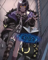 1girl absurdres black_choker black_coat black_dress black_hair black_thighhighs book breasts choker cleavage coat commentary dress english_commentary fur-trimmed_coat fur_trim grey_hair highres hololive hololive_english huemar_tanuki jewelry large_breasts looking_at_viewer magic multicolored_hair open_book purple_coat ribbon ring shiori_novella shiori_novella_(1st_costume) single_thighhigh solo split-color_hair striped_clothes striped_thighhighs thighhighs two-sided_coat two-sided_fabric two-tone_hair virtual_youtuber white_ribbon yellow_eyes