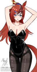 Rule 34 | 1girl, absurdres, alternate costume, animal ears, armpits, arms up, black leotard, black pantyhose, blue eyes, blush, breasts, brown hair, bubble gum fellow (umamusume), collarbone, commentary request, ear ornament, hair between eyes, highres, horse ears, horse girl, horse tail, leotard, mayuta447288850, multicolored hair, nontraditional playboy bunny, open mouth, pantyhose, ponytail, signature, simple background, solo, streaked hair, tail, thighband pantyhose, umamusume, watermark, white background, white hair