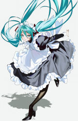 1girl absurdres apron black_dress black_pantyhose black_shoes blue_eyes blue_hair dress hairband hatsune_miku haze_(ohw8g) high_heels highres long_hair looking_at_viewer maid maid_apron maid_headdress pantyhose parted_lips shoes sidelocks solo standing standing_on_one_leg very_long_hair vocaloid white_apron white_hairband