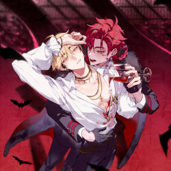2boys alcohol asymmetrical_gloves badge bat_(animal) belt bitamind black_coat black_gloves black_hair black_pants blonde_hair blush bracelet braid braided_ponytail cape chain chain_necklace chinese_commentary coat collarbone collared_shirt cross cross_earrings cross_necklace cup drinking_glass earrings fangs fingerless_gloves frilled_sleeves frills from_above fur-trimmed_cape fur_trim gloves half_gloves halloween hand_on_another&#039;s_waist hand_up highres holding holding_cup hug hug_from_behind jewelry long_hair long_sleeves looking_at_another looking_at_viewer male_focus multicolored_hair multiple_boys necklace official_alternate_costume open_clothes open_collar open_mouth open_shirt pants parted_lips pectoral_cleavage pectorals pouring_onto_another red_cape red_eyes red_hair shadow shiguang_dailiren shirt short_hair single_braid single_earring smile standing tongue two-tone_hair vampire vampire_costume wallet_chain watermark wet wet_clothes white_shirt wine wine_glass xia_fei xiao_weiying yaoi yellow_eyes