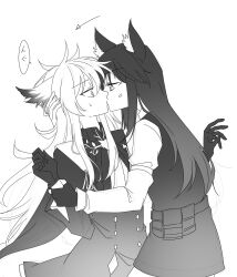 2girls absurdres anger_vein animal_ears arknights arrow_(symbol) coat commentary fingerless_gloves gloves greyscale hand_on_another&#039;s_head highres holding_another&#039;s_wrist itonatsu kiss lappland_(arknights) long_hair monochrome multiple_girls speech_bubble symbol-only_commentary texas_(arknights) translation_request very_long_hair wolf_ears yuri