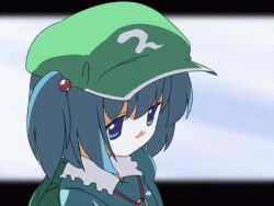 1girl animated animated_gif anime_coloring backpack bad_id bag blue_eyes blue_hair blurry blurry_background closed_mouth collared_shirt dithering dot_mouth eyebrows_hidden_by_hair from_side gif_artifacts green_bag green_hat hair_between_eyes hair_bobbles hair_ornament hat kawashiro_nitori letterboxed light_frown looking_ahead looping_animation lowres oka_(bananashoe) outside_border sad shirt solo touhou two_side_up upper_body wind