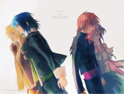 Rule 34 | 2boys, 2girls, athrun zala, blonde hair, blue hair, brother and sister, brown hair, cagalli yula athha, commentary, dress, gundam, gundam seed, gundam seed destiny, hair ornament, jacket, kira yamato, lacus clyne, long hair, long sleeves, multiple boys, multiple girls, pink hair, she (morianosu), shirt, short hair, siblings, simple background, white background