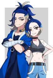 1boy 1girl adaman_(pokemon) ancestor_and_descendant bandaged_arm bandages belt black_belt black_choker blue_coat blue_eyeliner blue_hair blue_pants breasts brown_eyes choker closed_mouth coat collarbone crossed_arms dark_blue_hair earrings eyeliner grey_hair grey_sports_bra grin hand_on_another&#039;s_arm hand_on_own_hip highres jewelry long_hair loose_hair_strand makeup medium_breasts multicolored_hair navel neck_ring nintendo nisanrei121 open_clothes open_coat pants pectoral_cleavage pectorals perrin_(pokemon) pokemon pokemon_legends:_arceus pokemon_sv short_hair smile sports_bra