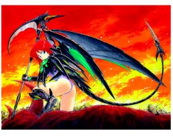 1990s_(style) 1girl akaishizawa_takashi armored_boots artist_name ass blue_eyes boots border fire holding holding_scythe leotard long_hair looking_at_viewer mechanical_tail mechanical_wings non-web_source original outdoors red_hair red_sky retro_artstyle scythe sky solo standing tail white_border wings