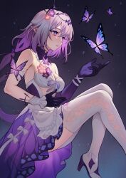 1girl asymmetrical_gloves bare_shoulders black_background black_tiara breasts bright_pupils bug butterfly castorice_(honkai:_star_rail) commentary dress english_commentary flower foot_out_of_frame from_side gloves gradient_background hair_flower hair_intakes hair_ornament high_heels highres honkai:_star_rail honkai_(series) insect invisible_chair jellypon knees_up large_breasts legwear_cutout long_hair looking_at_animal low_twintails parted_lips pointy_ears purple_butterfly purple_eyes purple_gloves purple_hair simple_background sitting solo thighhighs tiara twintails uneven_gloves very_long_hair white_dress white_pupils white_thighhighs
