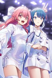 2girls :d absurdres akabino belt blue_eyes blue_hair bow breasts buttons commentary_request cowboy_shot cross-laced_clothes cross-laced_dress double-breasted dress earrings fang fingernails from_below hair_bow hand_up highres hoop_earrings indoors jacket jewelry kiritani_haruka lapels light_blush long_hair long_sleeves looking_at_viewer midriff miniskirt momoi_airi multiple_girls official_alternate_costume official_alternate_hairstyle open_mouth parted_lips pink_eyes pink_nails project_sekai short_hair sidelocks skirt small_breasts smile stage_lights teeth thighs v v-shaped_eyebrows white_bow white_dress white_jacket white_skirt wide_sleeves zozotown
