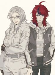2girls 7nite absurdres ahoge aotsuki_eito black_gloves black_pants black_streaks blue_eyes breast_pocket breasts chinese_commentary genderswap genderswap_(mtf) glasses gloves grey_hair grey_jacket hand_on_own_arm highres holding hood hoodie jacket large_breasts looking_at_viewer medium_hair multicolored_hair multiple_girls nervous_sweating one_eye_closed pants pocket red_hair red_pupils signature simple_background sleeve_pouch smile streaked_hair sumino_takumi sweat the_hundred_line_-last_defense_academy- white_background white_hoodie white_jacket white_pants