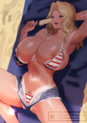 1girl american_flag_bikini american_flag_print bikini breasts flag_print flag_print_bikini huge_breasts long_hair print_bikini pubic_hair swimsuit