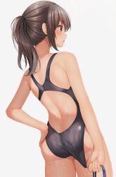 3girls adjusting_clothes adjusting_swimsuit ass black_hair black_one-piece_swimsuit blue_sky brown_eyes cloud commentary_request competition_swimsuit day minato_ojitan mole mole_on_neck multiple_girls one-piece_swimsuit original outdoors ponytail racerback simple_background sky solo_focus standing swimsuit swimsuit_tan tan tanline water wet wet_clothes wet_swimsuit white_background