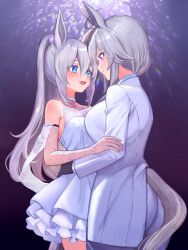 2girls :d ahoge animal_ears bare_shoulders black_gloves blue_eyes breasts cleavage closed_mouth commentary_request cowboy_shot dress elbow_gloves eye_contact face-to-face fang formal_clothes frilled_dress frills gloves grey_hair grey_tail hair_between_eyes hand_on_another&#039;s_arm hand_on_another&#039;s_waist highres horse_ears horse_girl horse_tail jacket lace lace_gloves large_breasts long_hair long_sleeves looking_at_another multiple_girls oguri_cap_(umamusume) open_mouth ponytail purple_eyes ribs see-through_cleavage see-through_clothes skin_fang smile standing tail tamamo_cross_(umamusume) umamusume white_dress white_jacket z50aq