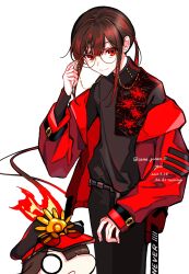 1boy black_hair black_pants black_shirt eyewear_on_head eyewear_strap fate/grand_order fate_(series) fiery_hair floral_print glasses hat highres jacket keikenchi_(style) long_sleeves looking_at_viewer military_hat mini_nobu_(fate) oda_nobukatsu_(fate) oda_nobunaga_(fate) pants peaked_cap red_eyes red_hair red_jacket shirt simple_background sleeves_past_wrists spider_lily_print standing turtleneck white_background yui_(tamagohan)