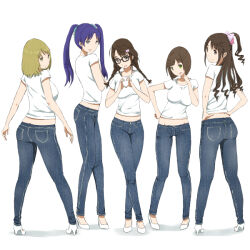 5girls ass butt_crack denim egaumakunarerukana jeans looking_at_viewer looking_back multiple_girls pants shoes smile tagme