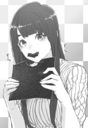 1girl blunt_bangs checkered_background eating flying_witch food greyscale highres holding holding_food ishizuka_chihiro kowata_makoto long_hair looking_at_viewer monochrome nori_(seaweed) official_art shirt sleeves_rolled_up solo striped_clothes striped_shirt