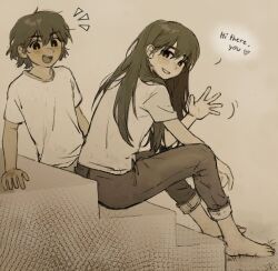 1boy 1girl :d ahoge arm_support barefoot bright_pupils brown_background commentary denim double-parted_bangs english_commentary english_text from_behind full_body grass grin hair_between_eyes hand_up jeans kel_(faraway)_(omori) kel_(omori) long_hair looking_at_viewer looking_back mari_(faraway)_(omori) mari_(omori) notice_lines omori open_mouth pants r3dhands sepia shirt short_hair simple_background sitting sitting_on_stairs smile speech_bubble stairs straight_hair t-shirt teeth tongue