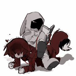 1boy 1girl absurdres animal_ears blush book boots coat commentary_request crossed_legs eyes_in_shadow fox_boy fox_ears fox_tail full_body heavy_breathing heroine_(homicipher) highres holding holding_book holding_leash homicipher human_chair human_furniture kemonomimi_mode korean_commentary leash mr._scarletella muted_color rabbit_ears rabbit_girl raincoat reading red_coat red_eyes red_hair short_hair simple_background sitting sitting_on_person t1669760880301 tail trembling white_background