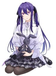 1boy alternate_costume alternate_hairstyle androgynous black_pantyhose black_ribbon black_shoes cross cross_necklace crossdressing double-parted_bangs ensemble_stars! expressionless frilled_skirt frills full_body gothic_lolita hair_between_eyes hair_intakes hair_ribbon hands_on_lap holding holding_stuffed_toy jewelry juliet_sleeves kanzaki_souma layered_skirt lolita_fashion long_hair long_sleeves looking_at_viewer male_focus miniskirt nancy980216 necklace pantyhose parted_lips plaid_clothes plaid_skirt puffy_sleeves puritan_collar purple_eyes purple_hair raised_eyebrows ribbon shirt shoes sidelocks simple_background sitting skirt solo stuffed_animal stuffed_rabbit stuffed_toy trap twintails wariza white_background white_shirt