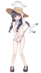 1girl absurdres bikini_bottom_pull bird black_hair blue_archive blush braid crocs drooling flat_chest floral_print_bikini full_body grey_halo halo hamuii hand_on_headwear hat highres leaf leaf_on_head loli long_hair miyu_(blue_archive) miyu_(swimsuit)_(blue_archive) navel official_alternate_costume official_alternate_hairstyle open_mouth simple_background solo standing starfish straw_hat sweatdrop twin_braids white_background