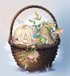 Rule 34 | 1boy, basket, blonde hair, commentary, feather hair ornament, feathers, flower, genshin impact, hair between eyes, hair ornament, in basket, in container, kaveh (genshin impact), looking at viewer, male focus, mehrak (genshin impact), milavana, one eye closed, peeking out, red eyes, signature, solo, suitcase, twitter username, wicker basket