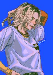 1girl artist_name bead_necklace beads belt black_belt blonde_hair braid braided_ponytail clothes_writing emily_armstrong grey_eyes hashtag-only_commentary highres holding holding_own_hair jewelry layered_sleeves linkin_park long_hair long_sleeves looking_to_the_side multicolored_hair necklace noriuma nose parted_bangs parted_lips real_life roots_(hair) shirt short_over_long_sleeves short_sleeves simple_background smile solo t-shirt twitter_username upper_body white_shirt yellow_undershirt